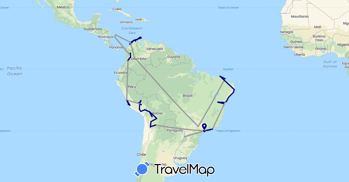 TravelMap itinerary: driving, plane in Bolivia, Brazil, Colombia, Peru (South America)
